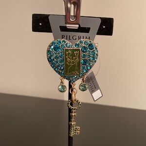 Pilgrim Teal Heart Brooch with Key Charm